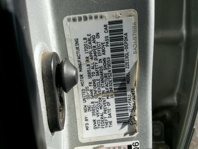 1NXBR32E75Z479053 - 2005 TOYOTA COROLLA CE SILVER photo 10