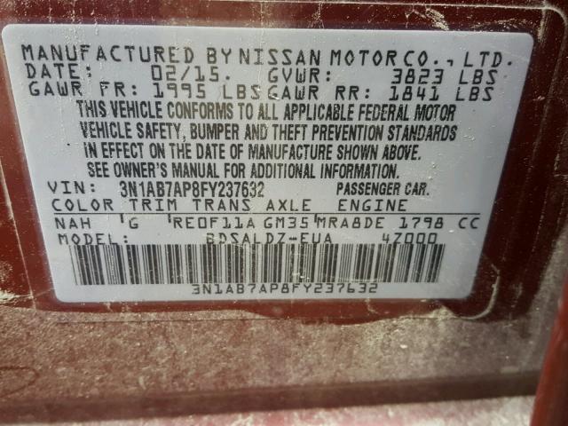 3N1AB7AP8FY237632 - 2015 NISSAN SENTRA S RED photo 10