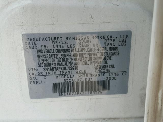 3N1AB7APXDL729976 - 2013 NISSAN SENTRA S WHITE photo 10