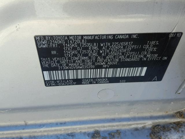 2T3DK4DV9AW035299 - 2010 TOYOTA RAV4 LIMIT SILVER photo 10