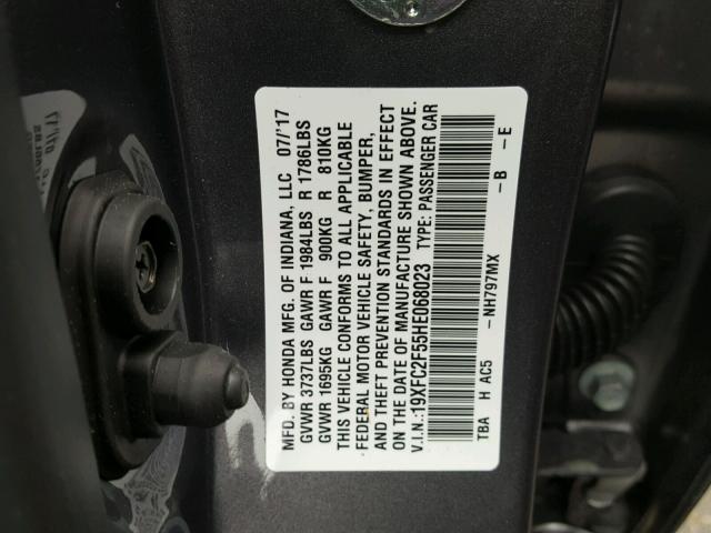 19XFC2F55HE068023 - 2017 HONDA CIVIC LX GRAY photo 10