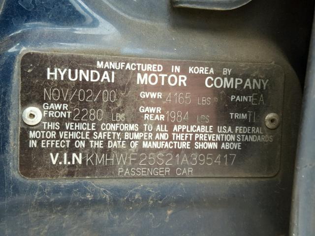 KMHWF25S21A395417 - 2001 HYUNDAI SONATA GL BLUE photo 10