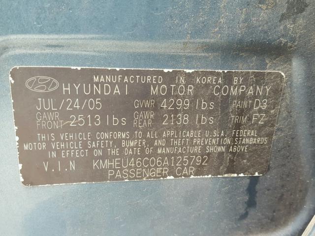 KMHEU46C06A125792 - 2006 HYUNDAI SONATA GLS GRAY photo 10