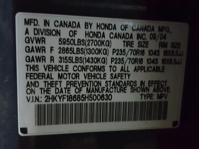 2HKYF18685H500630 - 2005 HONDA PILOT EXL GRAY photo 10