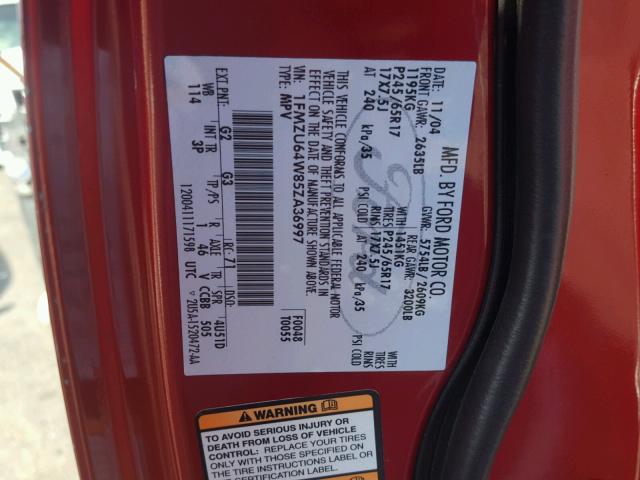 1FMZU64W85ZA36997 - 2005 FORD EXPLORER E RED photo 10