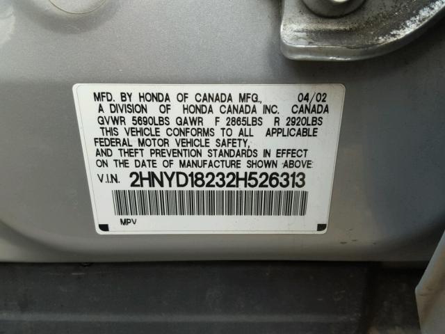 2HNYD18232H526313 - 2002 ACURA MDX SILVER photo 10