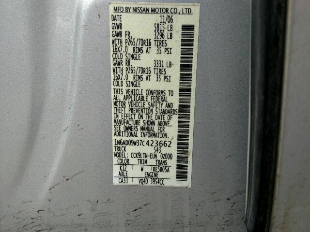 1N6AD09W37C423662 - 2007 NISSAN FRONTIER C SILVER photo 10
