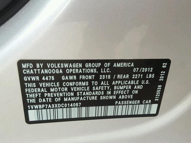 1VWBP7A3XDC014057 - 2013 VOLKSWAGEN PASSAT SE SILVER photo 10