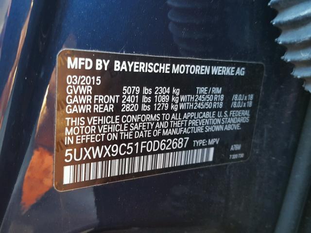 5UXWX9C51F0D62687 - 2015 BMW X3 XDRIVE2 BLUE photo 10