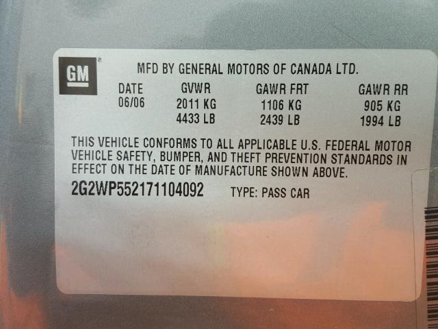 2G2WP552171104092 - 2007 PONTIAC GRAND PRIX GRAY photo 10