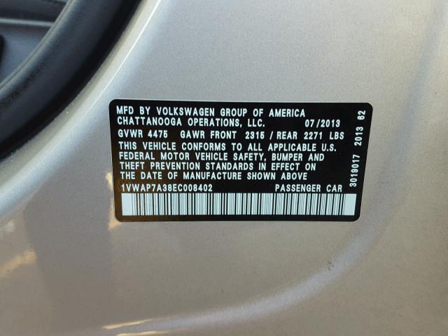 1VWAP7A38EC008402 - 2014 VOLKSWAGEN PASSAT S Gris foto 10