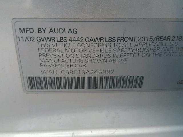 WAUJC58E13A245992 - 2003 AUDI A4 1.8T SILVER photo 10