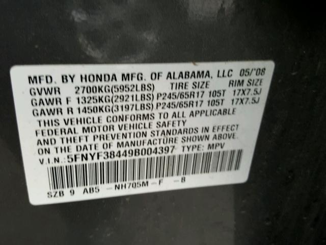 5FNYF38449B004397 - 2009 HONDA PILOT EX GRAY photo 10