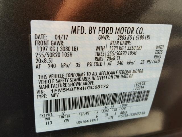 1FM5K8F84HGC68172 - 2017 FORD EXPLORER L GRAY photo 10