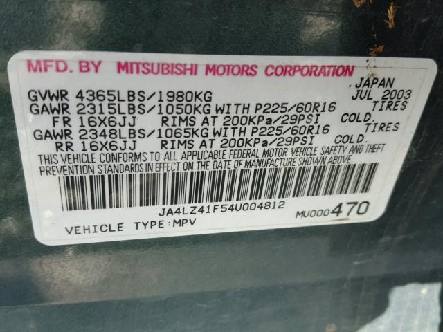 JA4LZ41F54U004812 - 2004 MITSUBISHI OUTLANDER GREEN photo 10