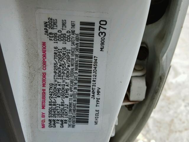 JA4MT31R12J045947 - 2002 MITSUBISHI MONTERO SP WHITE photo 10