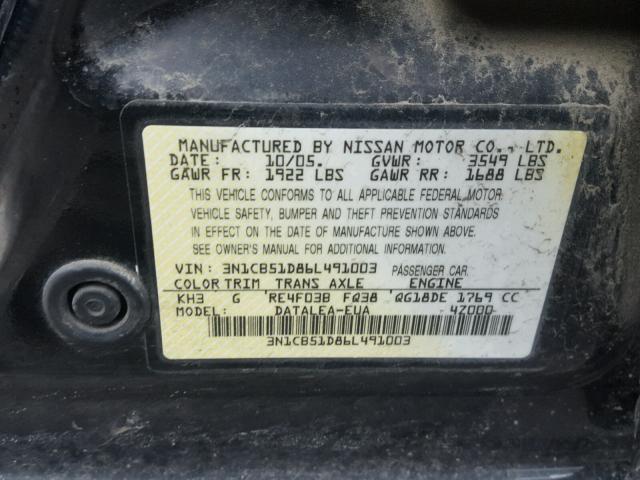 3N1CB51D86L491003 - 2006 NISSAN SENTRA 1.8 BLACK photo 10