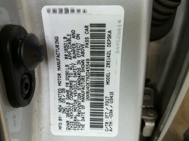 1NXBU40E79Z045549 - 2009 TOYOTA COROLLA BA SILVER photo 10