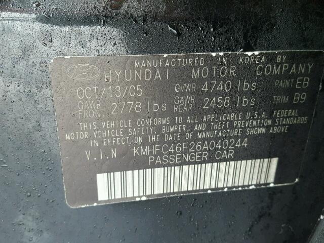 KMHFC46F26A040244 - 2006 HYUNDAI AZERA SE BLACK photo 10