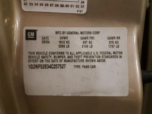 1G2NF52E34C257527 - 2004 PONTIAC GRAND AM S GOLD photo 10