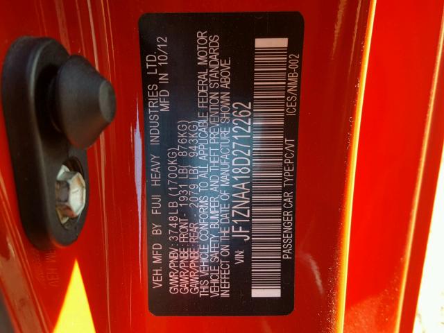 JF1ZNAA18D2712262 - 2013 TOYOTA SCION FR-S წითელი ფოტო 10