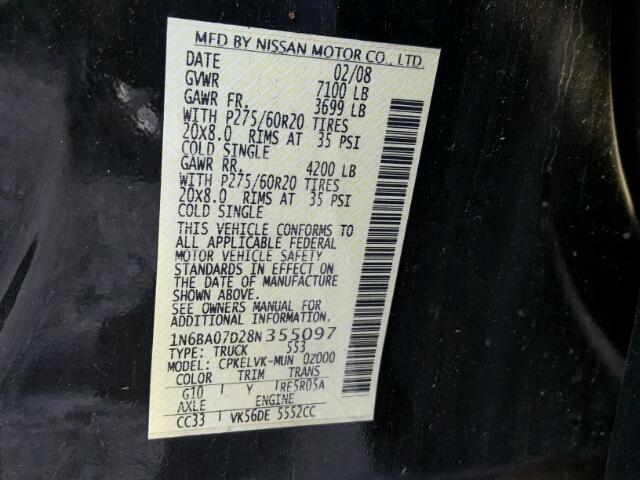 1N6BA07D28N355097 - 2008 NISSAN TITAN XE BLACK photo 10