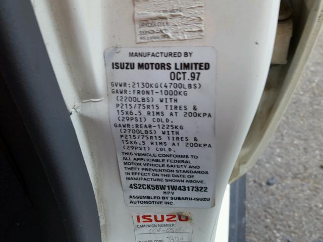 4S2CK58W1W4317322 - 1998 ISUZU RODEO S WHITE photo 10