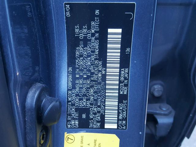 JTEDP21A250051079 - 2005 TOYOTA HIGHLANDER BLUE photo 10