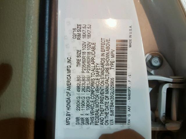 5J8TB4H35GL025905 - 2016 ACURA RDX BASE WHITE photo 10