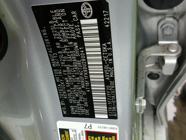 4T1BF1FK8DU280041 - 2013 TOYOTA CAMRY L SILVER photo 10