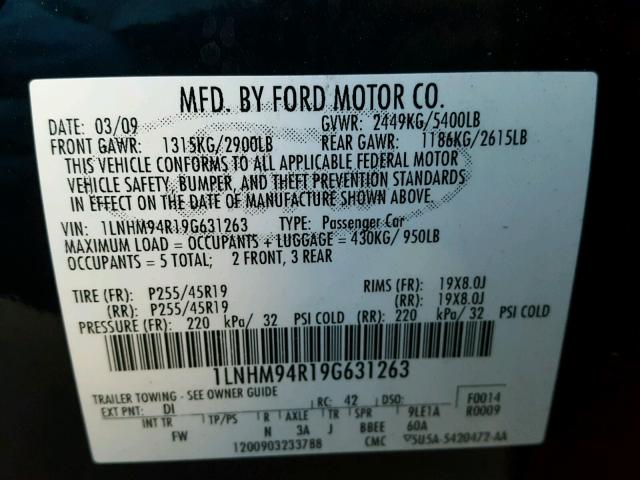 1LNHM94R19G631263 - 2009 LINCOLN MKS BLUE photo 10