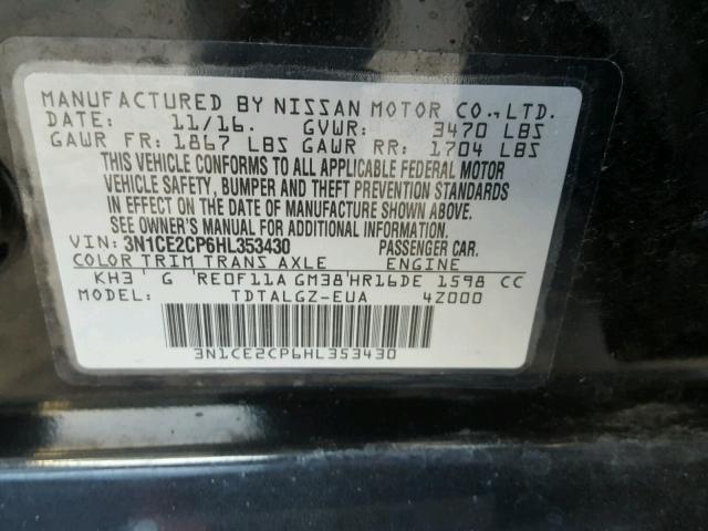 3N1CE2CP6HL353430 - 2017 NISSAN VERSA NOTE BLACK photo 10