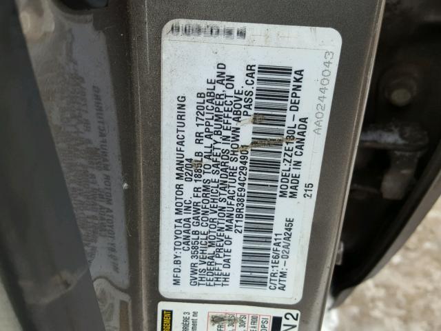 2T1BR38E94C294901 - 2004 TOYOTA COROLLA CE GRAY photo 10