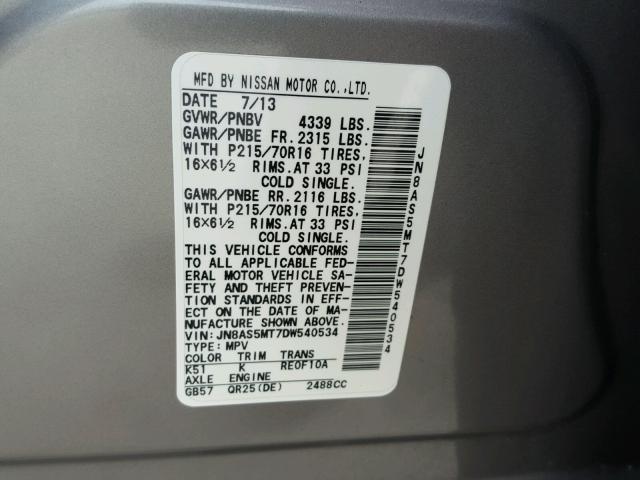 JN8AS5MT7DW540534 - 2013 NISSAN ROGUE S GRAY photo 10