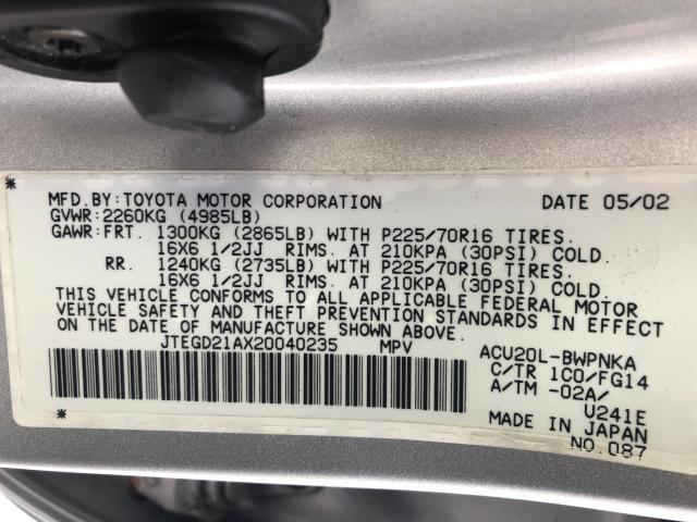 JTEGD21AX20040235 - 2002 TOYOTA HIGHLANDER SILVER photo 10