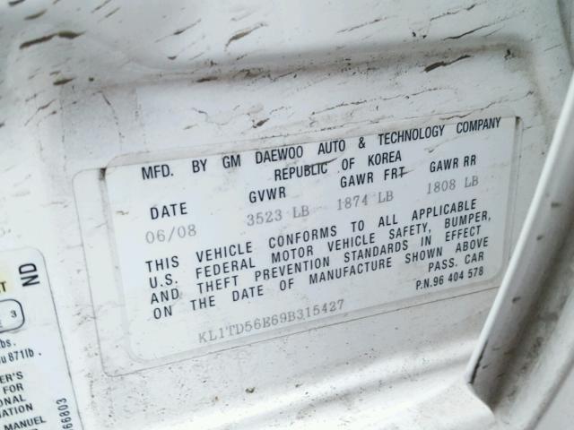 KL1TD56E69B315427 - 2009 CHEVROLET AVEO LS WHITE photo 10