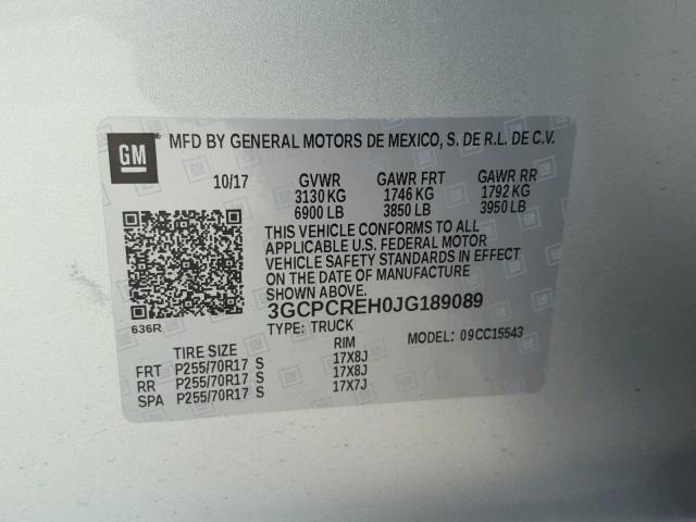 3GCPCREH0JG189089 - 2018 CHEVROLET SILVERADO SILVER photo 10