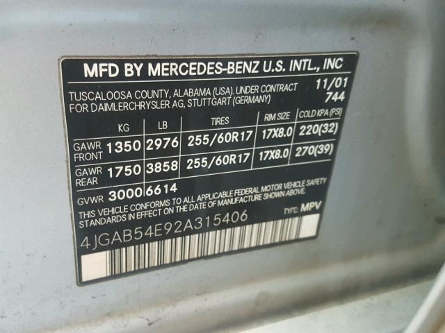 4JGAB54E92A315406 - 2002 MERCEDES-BENZ ML 320 SILVER photo 10