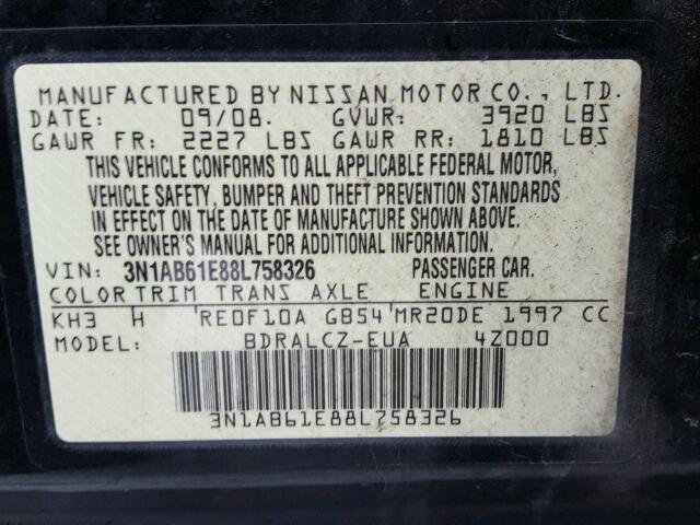 3N1AB61E88L758326 - 2008 NISSAN SENTRA 2.0 BLACK photo 10