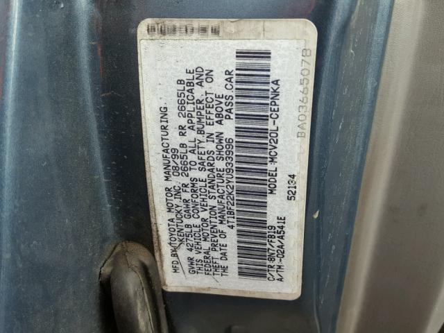 4T1BF22K2YU933996 - 2000 TOYOTA CAMRY LE მწვანე ფოტო 10