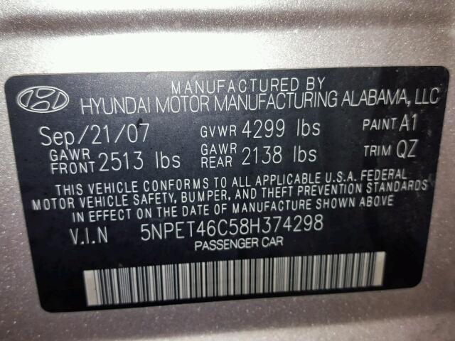 5NPET46C58H374298 - 2008 HYUNDAI SONATA GLS TAN photo 10