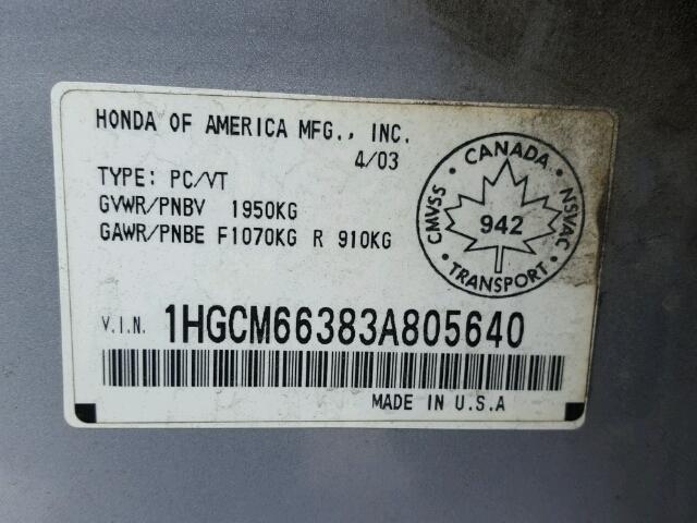 1HGCM66383A805640 - 2003 HONDA ACCORD LX SILVER photo 10