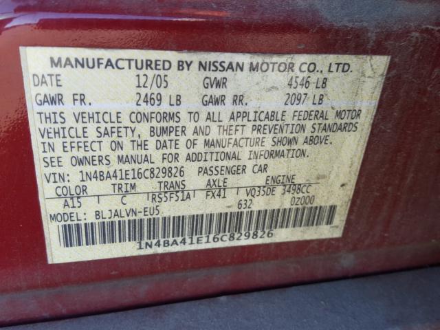 1N4BA41E16C829826 - 2006 NISSAN MAXIMA SE BURGUNDY photo 10