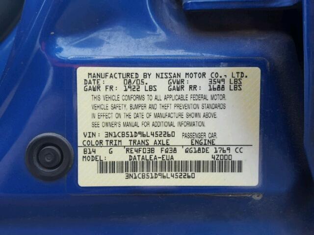 3N1CB51D96L452260 - 2006 NISSAN SENTRA 1.8 BLUE photo 10