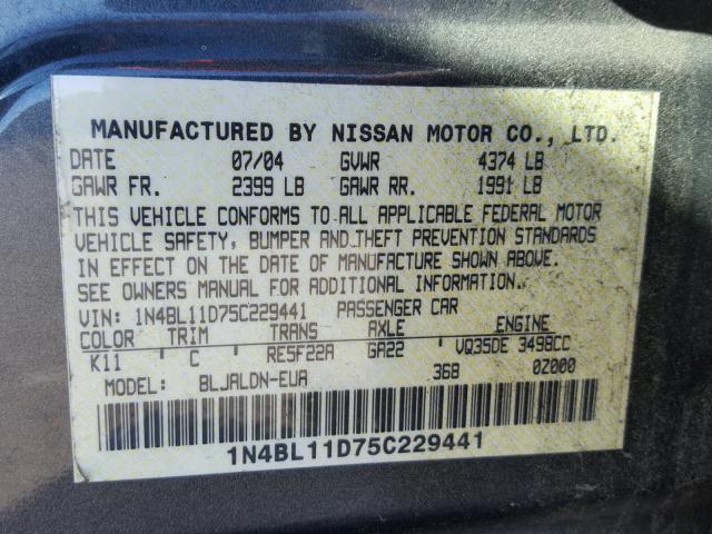 1N4BL11D75C229441 - 2005 NISSAN ALTIMA SE GRAY photo 10