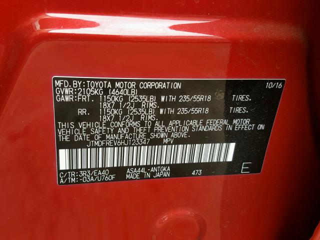 JTMDFREV6HJ123347 - 2017 TOYOTA RAV4 LIMIT RED photo 10