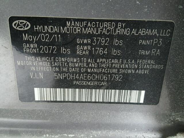 5NPDH4AE6CH061792 - 2012 HYUNDAI ELANTRA GL CHARCOAL photo 10