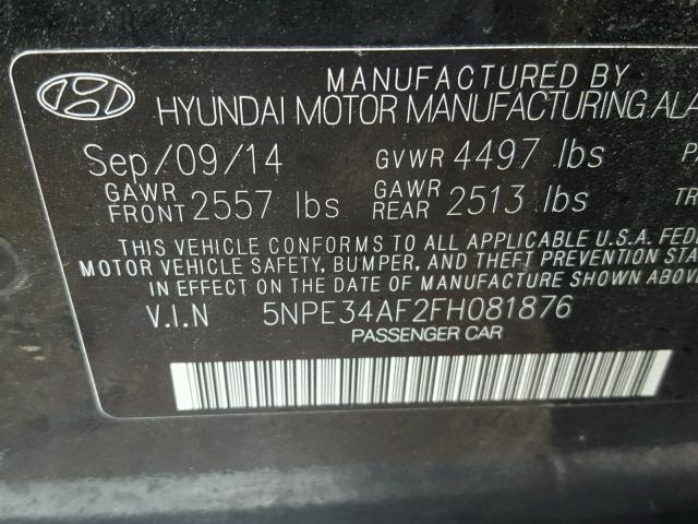 5NPE34AF2FH081876 - 2015 HYUNDAI SONATA SPO BLACK photo 10