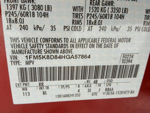 1FM5K8D84HGA57864 - 2017 FORD EXPLORER X RED photo 10