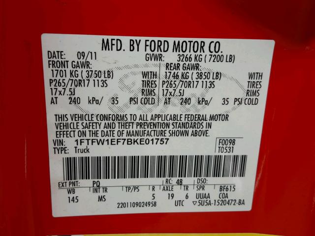 1FTFW1EF7BKE01757 - 2011 FORD F150 SUPER RED photo 10